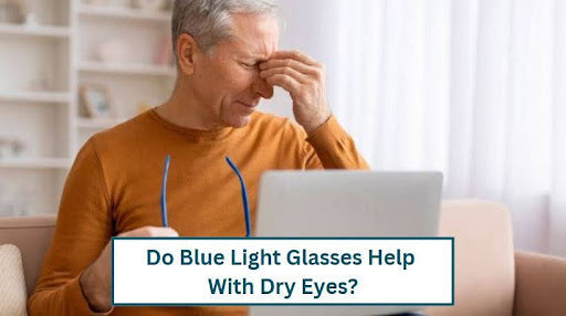 Do Blue Light Glasses Help With Dry Eyes? Senior retired man grandfather rubbing eyes and holding eyeglasses while using laptop at home, sitting on couch