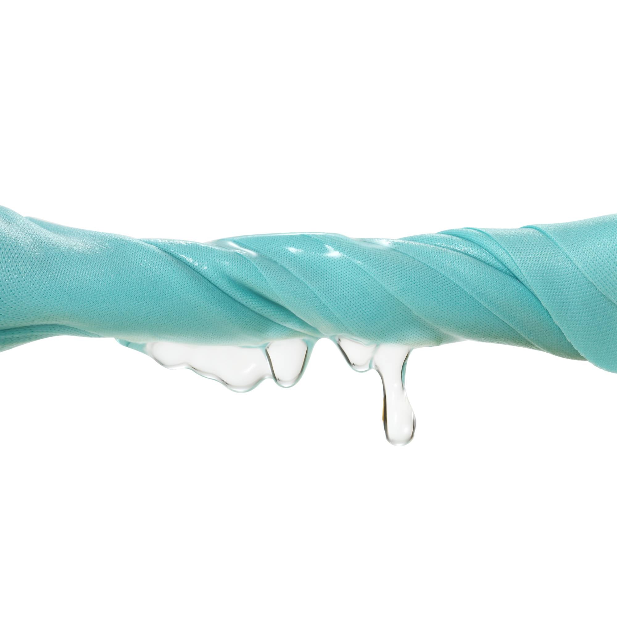 Turquoise hose with water dripping on a white background