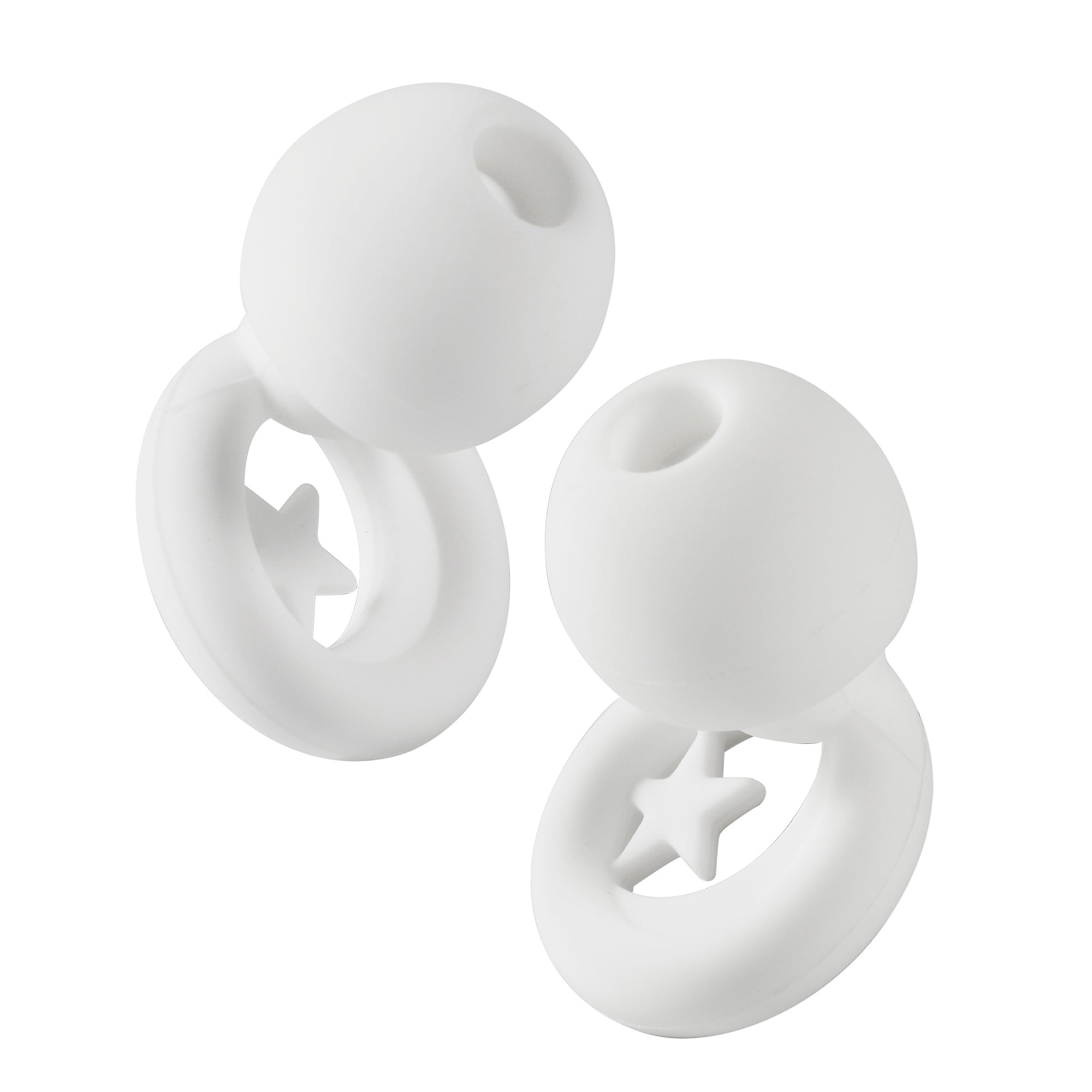 Two white silicone teething rings with star designs on a white background