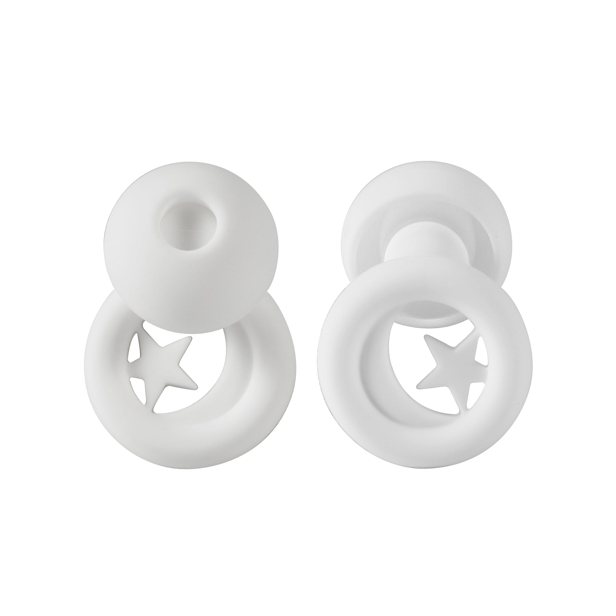 White silicone ear plugs with star cutouts on a white background