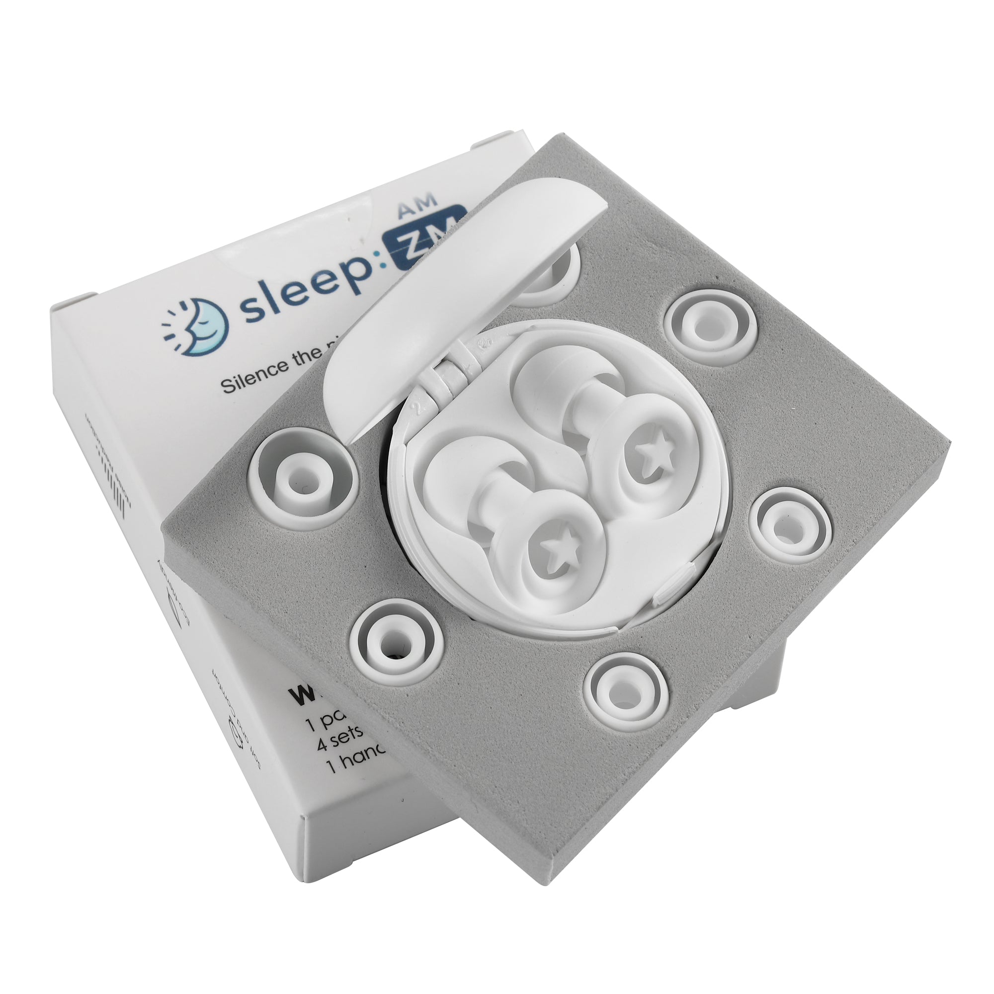 Sleep EZ product packaging with earplugs on a white background