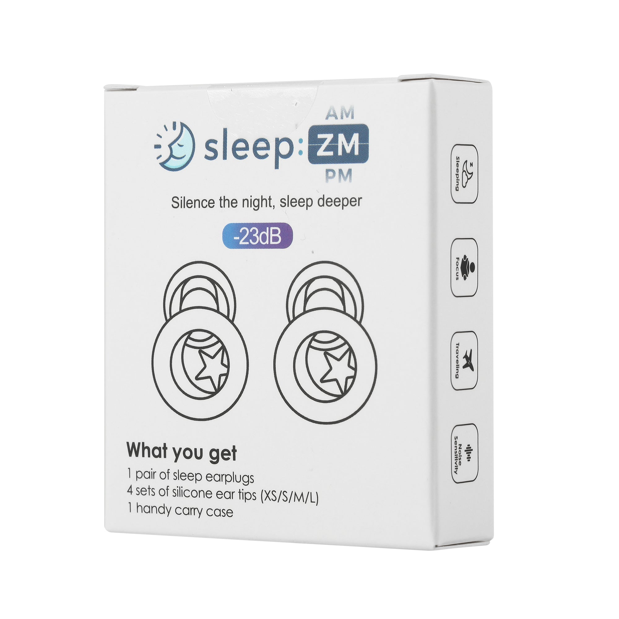 Box of sleep earplugs with branding and product details on a white background