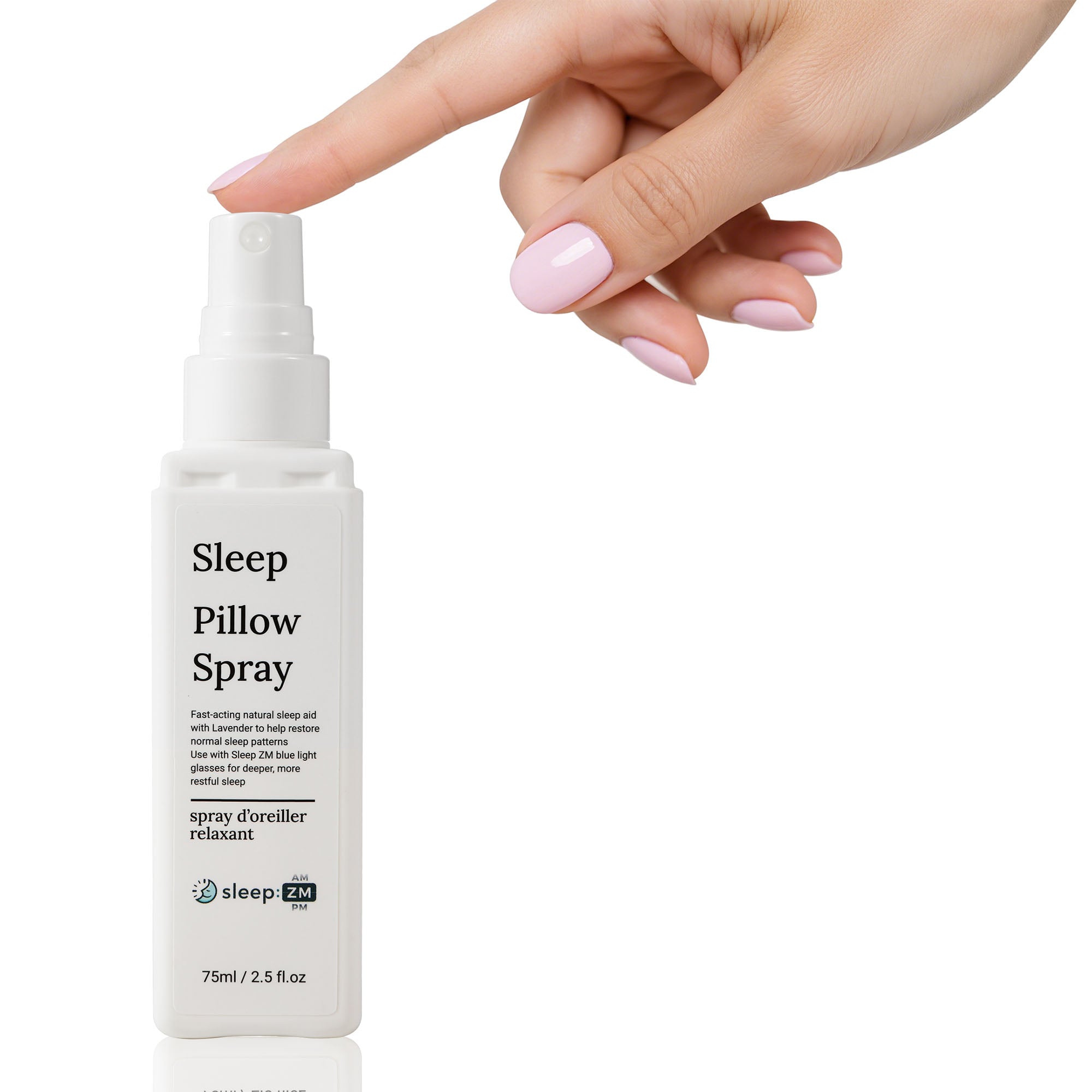 Sleep Pillow Spray bottle held by a hand with pink nail polish on a white background