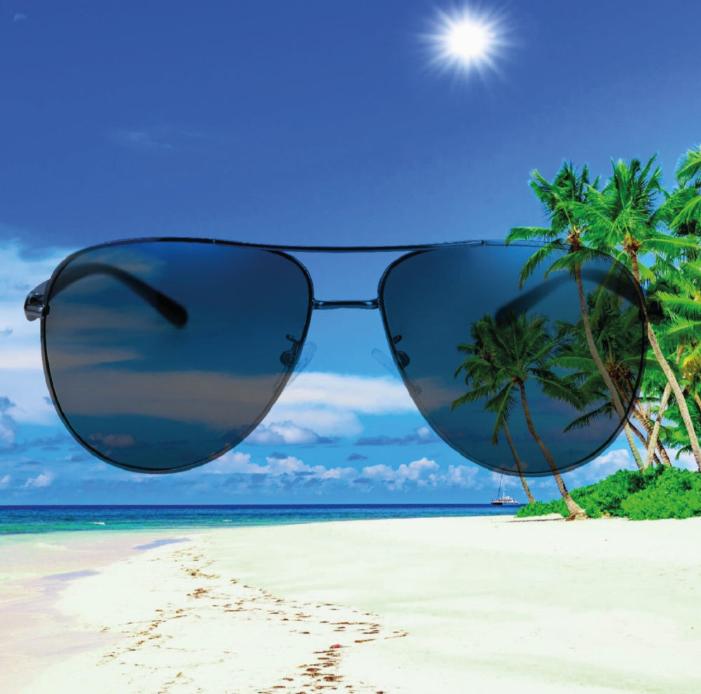 Black Aviator Glasses with beach in background