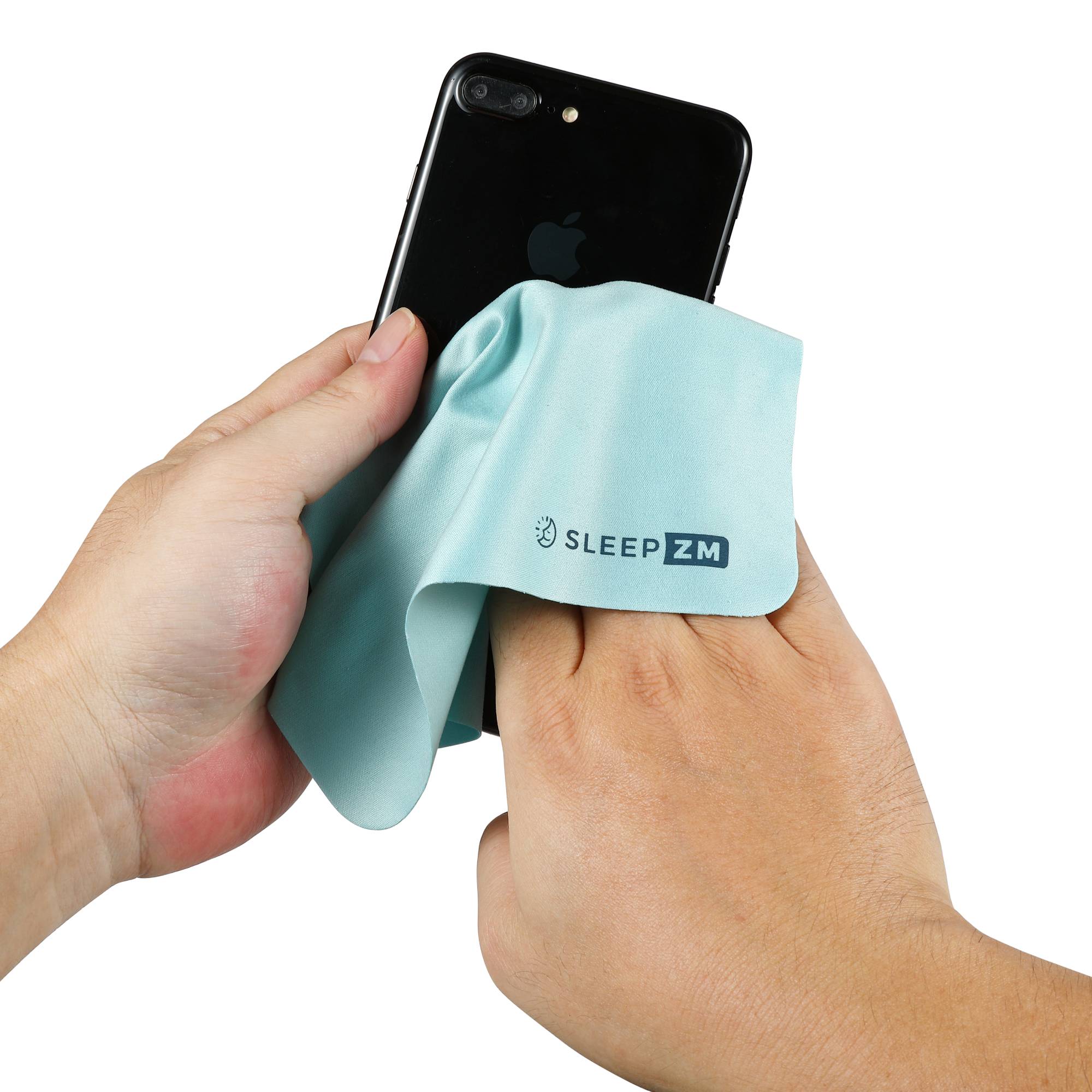 Person cleaning a smartphone with a blue cloth labeled 'Sleep ZM' on a white background