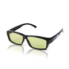 Black DaytimeMAX fit‑over blue light blocking glasses worn over prescription frames