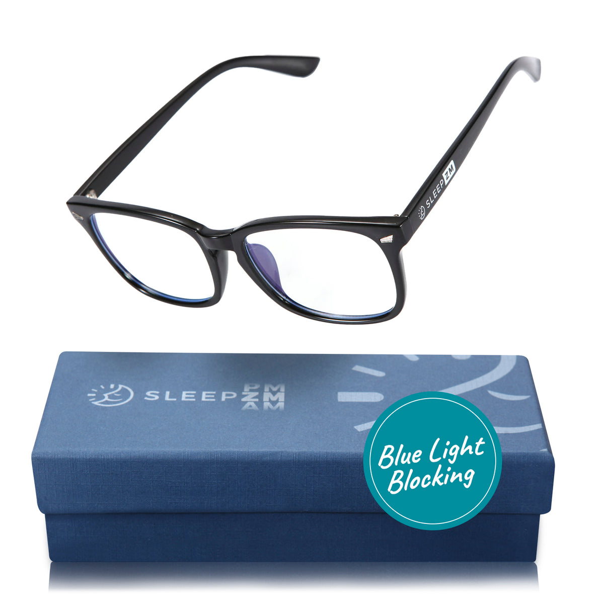 A pair of blue light blocking glasses with a relaxed design, ideal for reducing screen glare and promoting better sleep.