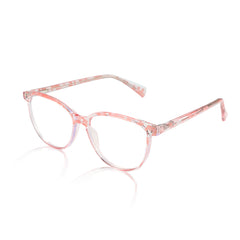Pink Warrior Wayfarer-style daytime blue light glasses on clear background