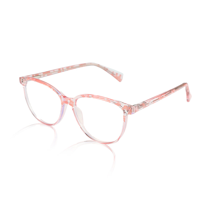 Pink Warrior Wayfarer-style daytime blue light glasses on clear background