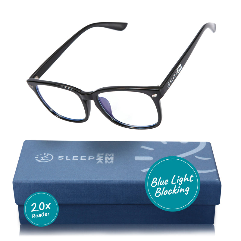 Black Wayfarer-style +2.0x blue light reading glasses on neutral background