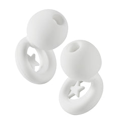 Two white silicone teething rings with star designs on a white background