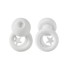 White silicone ear plugs with star cutouts on a white background