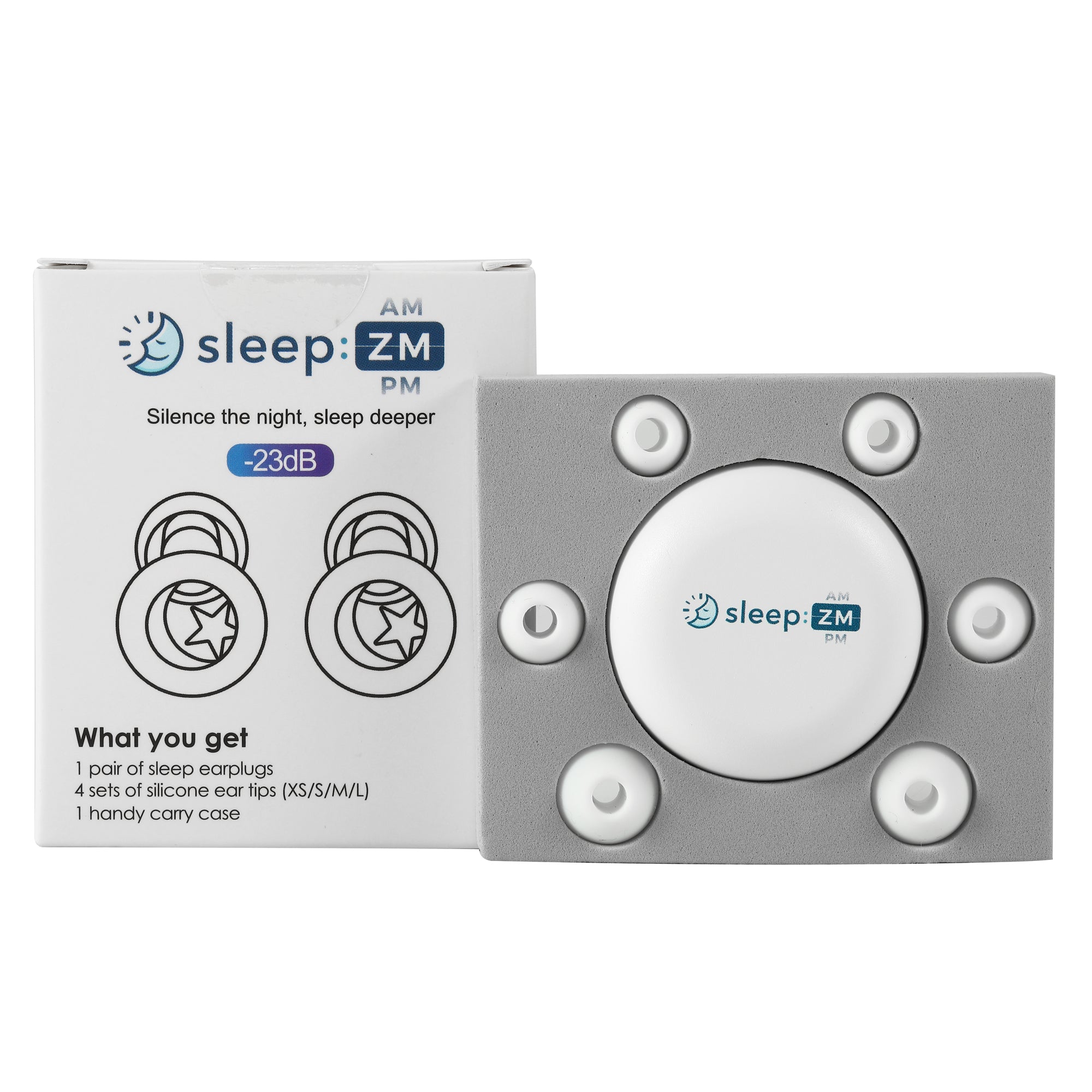 Sleep earplugs packaging with 'sleep:ZM' branding on a white background