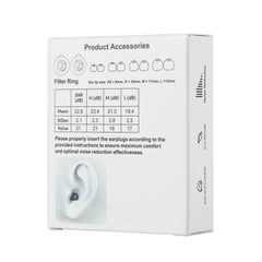 Box of earplugs with filter ring specifications on a white background