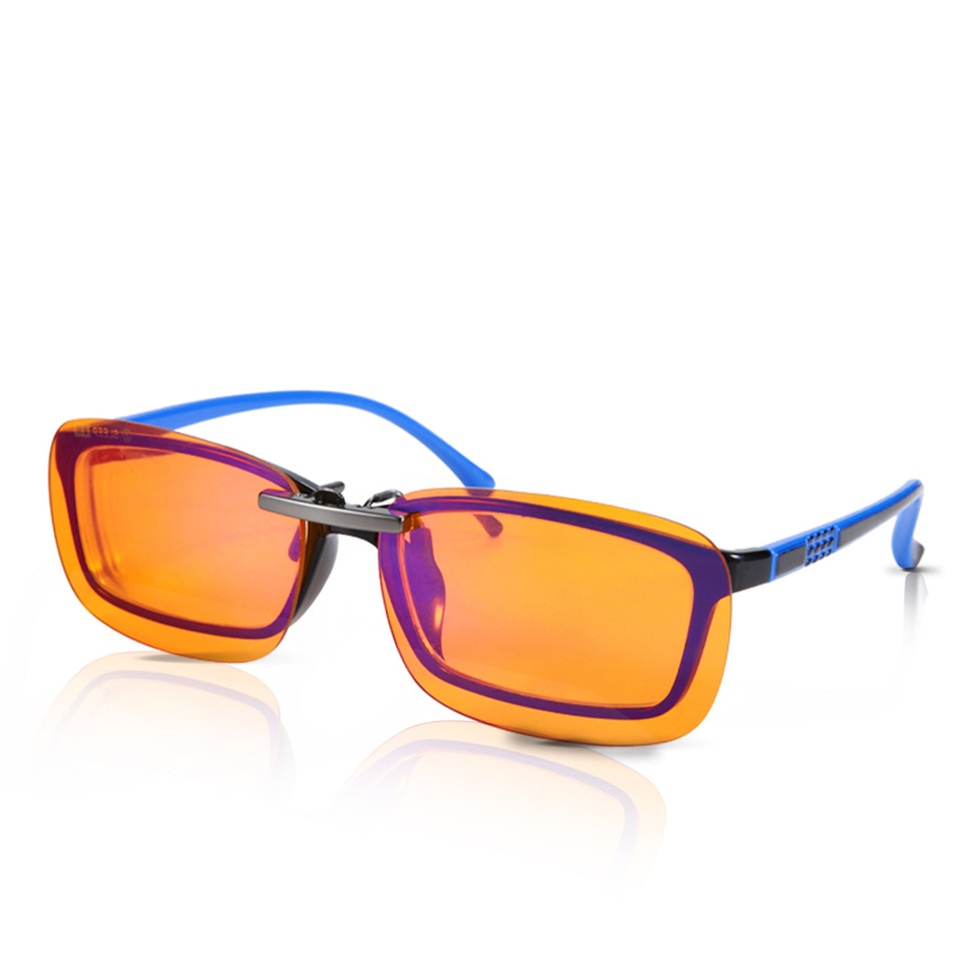 Amber Night‑Time clip‑on blue light blocking lenses attached to eyeglasses