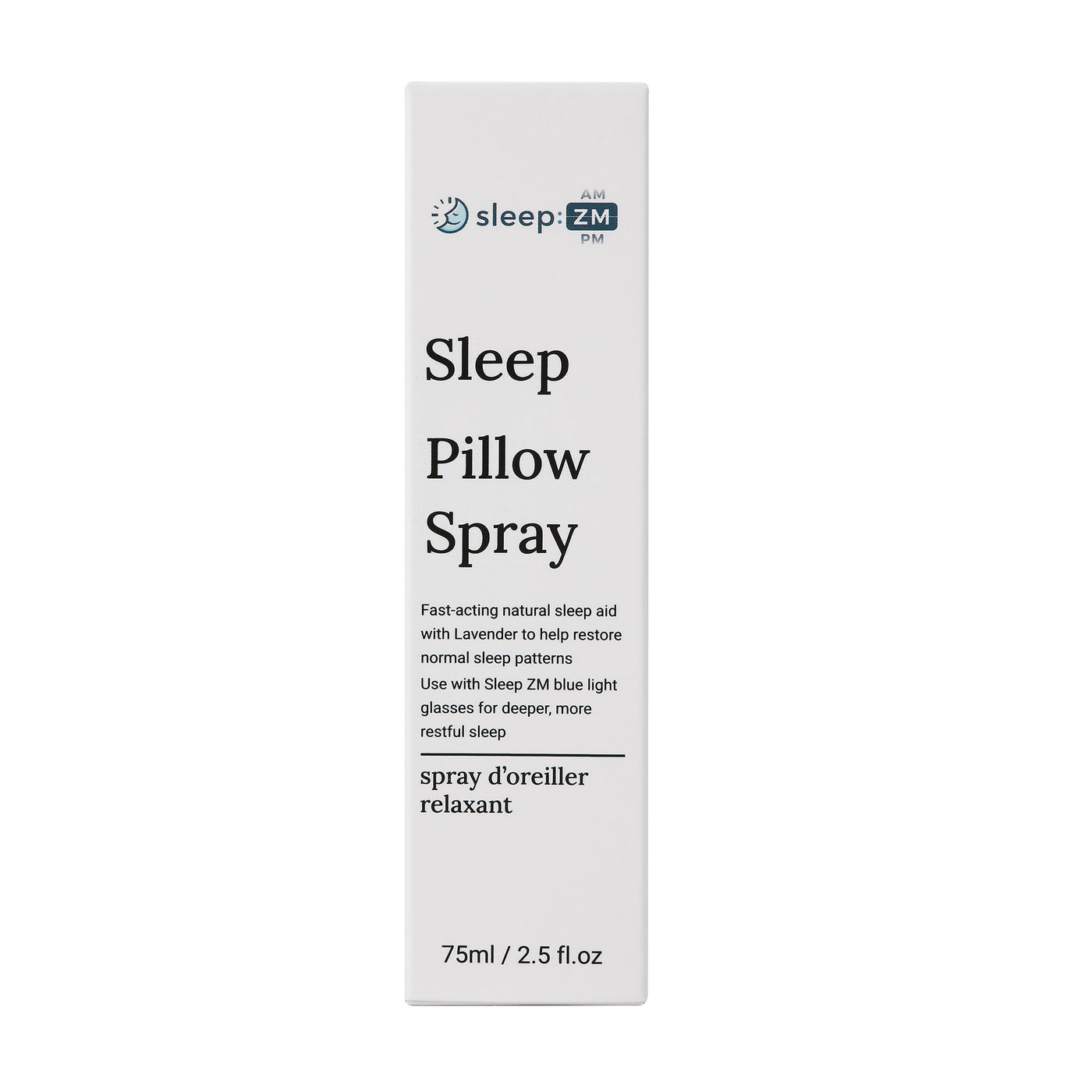 Sleep Pillow Spray packaging with 'sleep ZM' branding on a white background