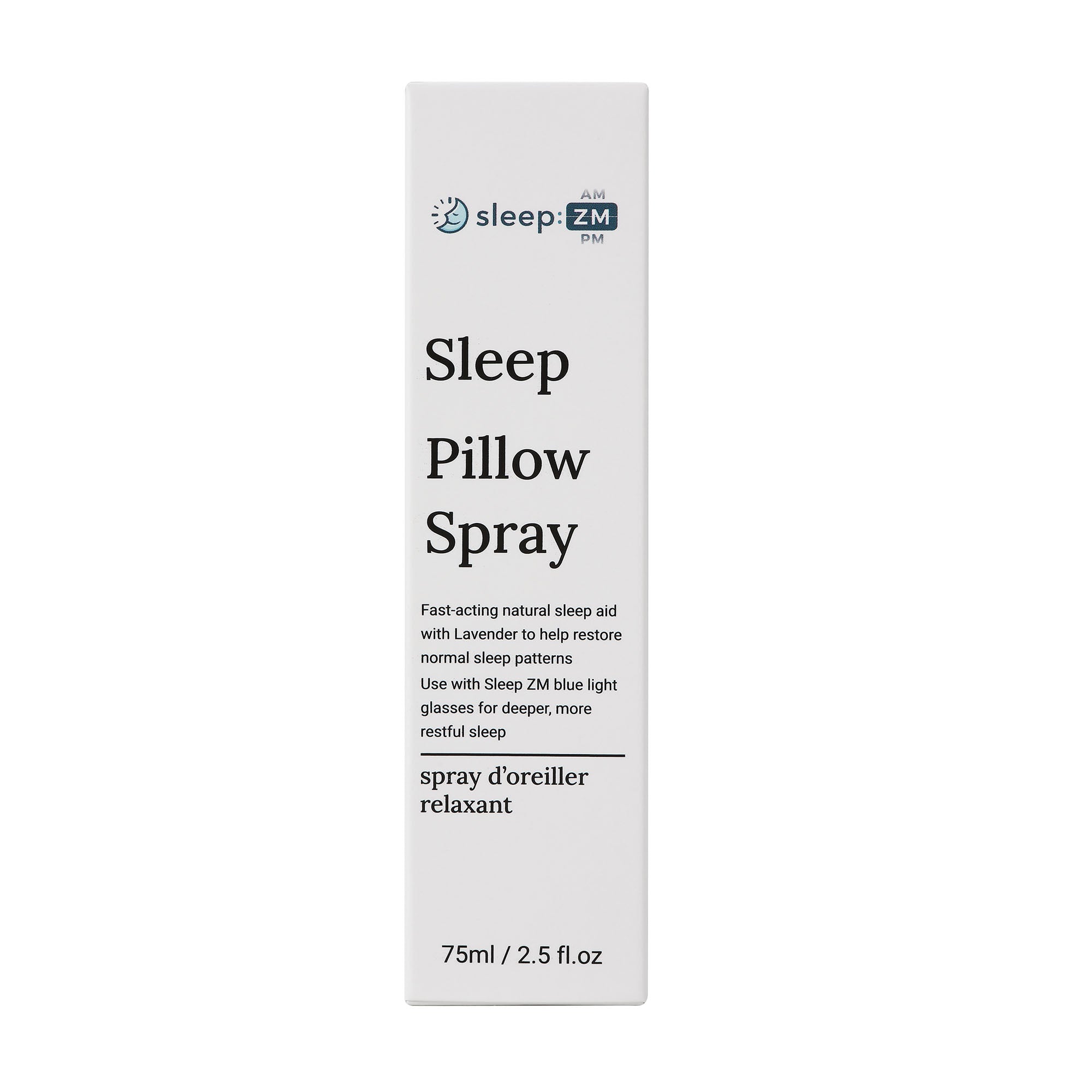 Sleep Pillow Spray packaging with 'sleep ZM' branding on a white background